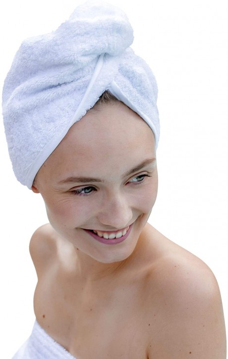 Haarturban weiß 100% Baumwolle I Kopfhandtuch, Turban Handtuch mit Knopf & Schlaufe