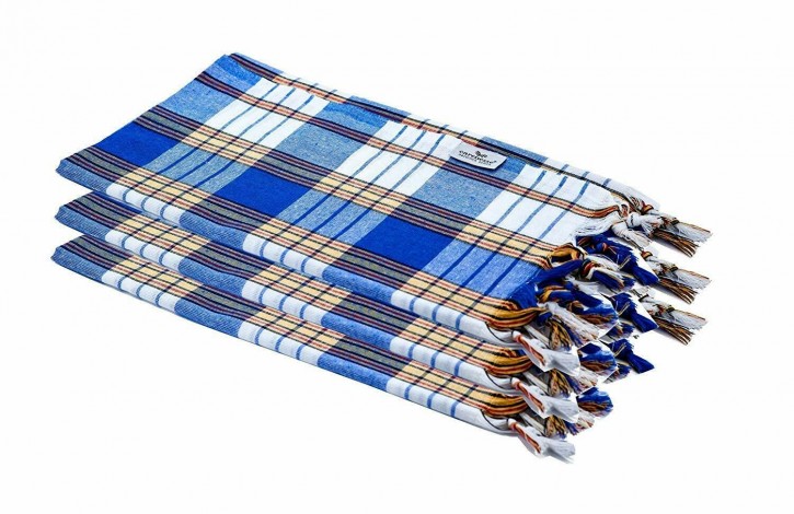 3x Hamamtuch CLASSIC blau kariert, leicht & platzsparend, 100% Baumwolle, 80 x 170 cm