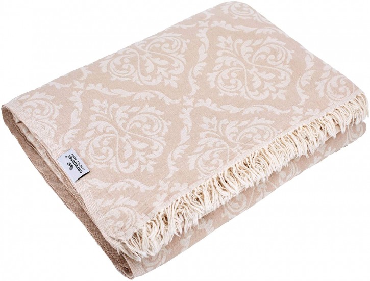 Tagesdecke BAROCK King Size beige 260 x 260 cm Wohndecke Überwurf Bett & Sofa 100% Baumwolle