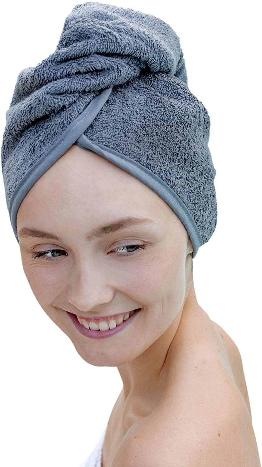 LAYNENBURG Premium Haarturban mit Knopf aus 100% Baumwolle 4 Haargummis Fuchsia Haar-Handtuch inkl für Kurze und Lange Haare – Turban Handtuch ist schnelltrocknend und saugstark 