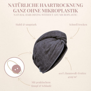 Haarturban grau 100% Baumwolle I Kopfhandtuch Turban Handtuch mit Knopf & Schlaufe