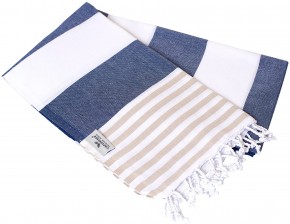 Hamamtuch TOMMY blau beige weiß gestreift, leicht & stylish, 100% Baumwolle, 100 x 180 cm